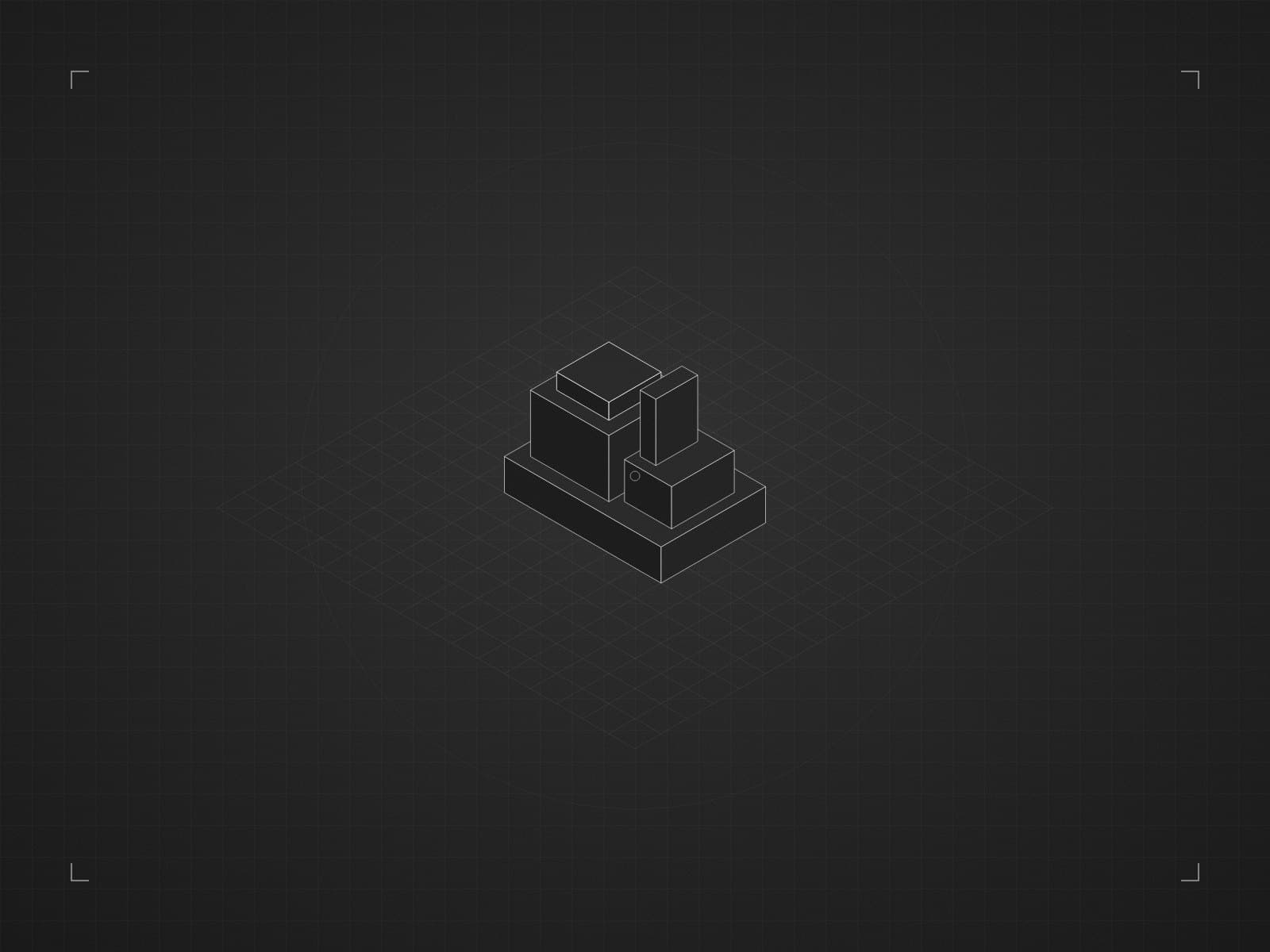 Wireframe rendering of industrial machinery in a virtual showroom